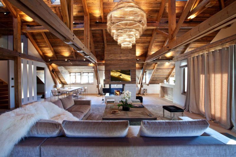 Un soggiorno moderno di una casa prefabbricata in legno