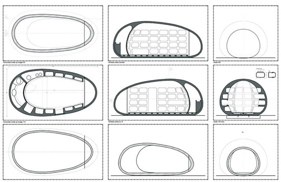 Blob vB3_Casa a uovo nomade_dmvA Architecten_Disegni tecnici di pianta e sezione Blob vB3_Casa a uovo nomade_dmvA Architecten_Disegni tecnici di pianta e sezione