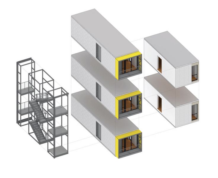 La struttura a container del prefabbricato emergenziale multipiano di NYC La struttura a container del prefabbricato emergenziale multipiano di NYC
