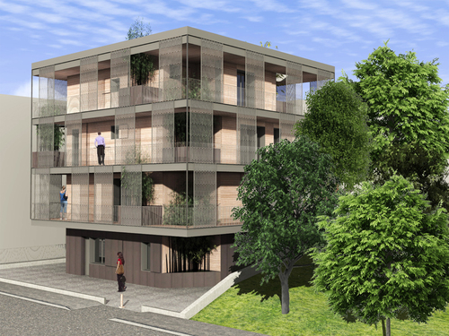 Facciata nord Ovest del condominio passivo in legno di Cesena Vista Nord Ovest