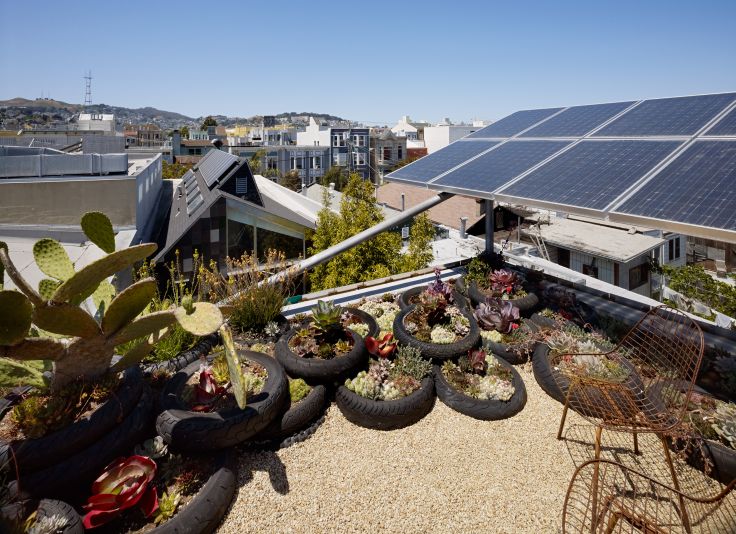 Zero Cottage, il tetto verde e l'impianto fotovoltaico sporgente Il tetto verde e l'impianto fotovoltaico sporgente
