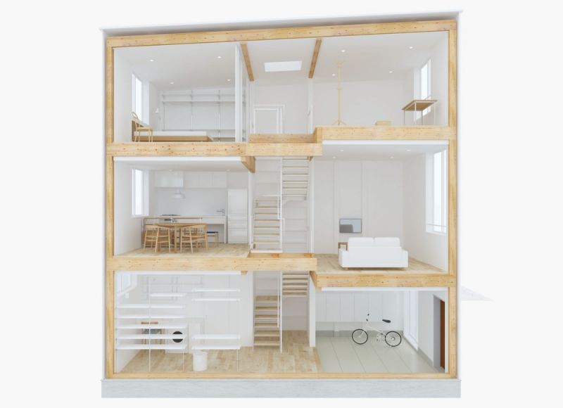 Le disposizioni delle camere sui tre piani delle case prefabbricate verticali Muji